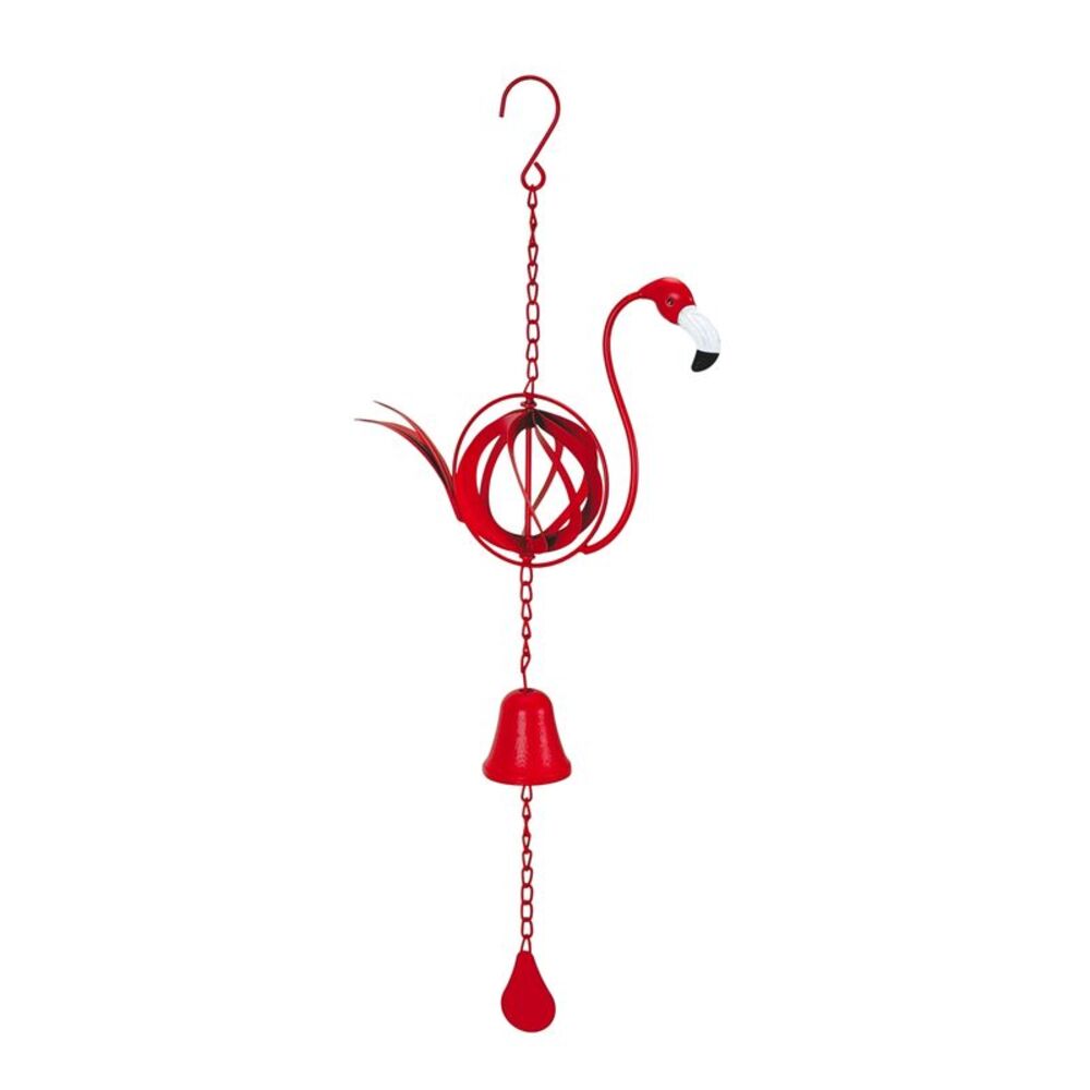Red Metal Flamingo Wind Chime Bell with Spinning Sphere 25 Inch Hanging Decor